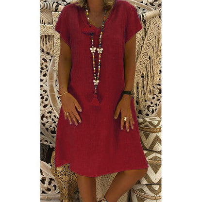 Short Sleeve Medium Skirt V-Neck Dress
