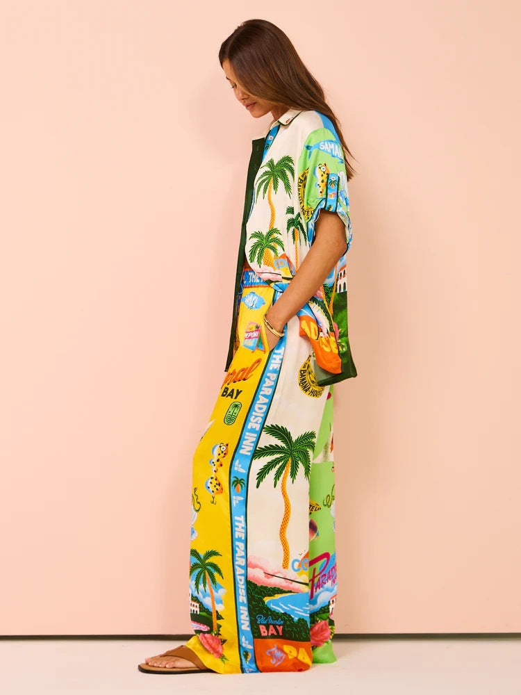 Stylish Floral Print Color Block Short Sleeve Set