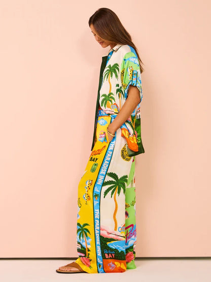 Stylish Floral Print Color Block Short Sleeve Set