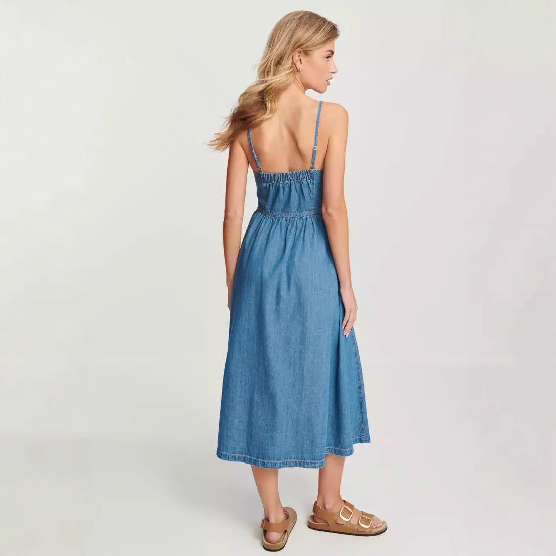 Denim Simple Button Spaghetti Midi Dress
