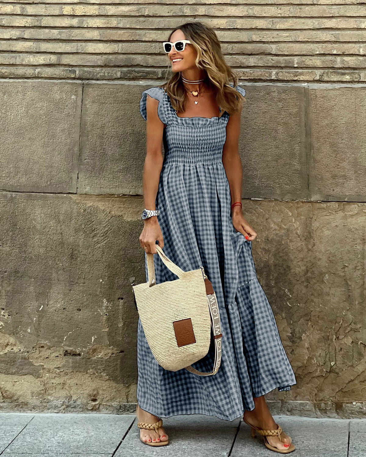 Summer Women'S Collage Plaid Suspenders Casual Swing Dress Women