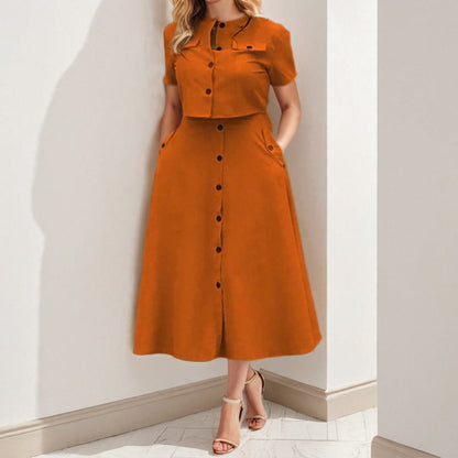 Elegant Solid Color Casual Short Sleeve Top and Skirt Set