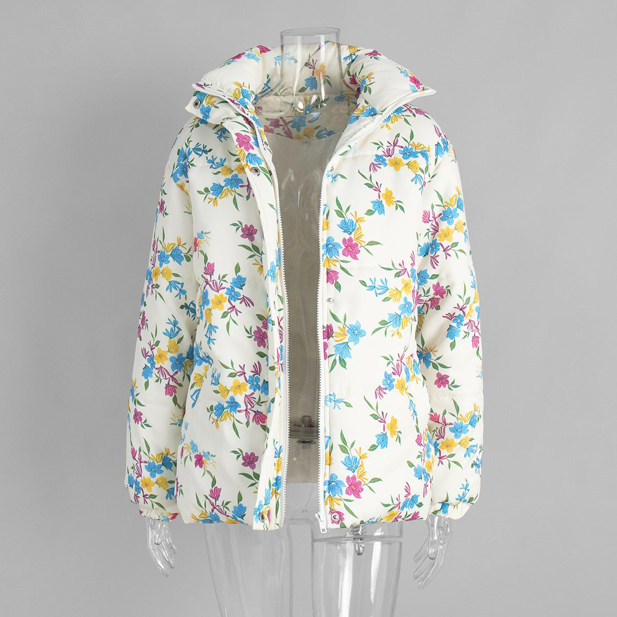 Floral Print Stand Collar Zipper Cotton Padded Jacket