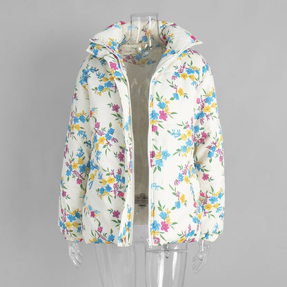 Floral Print Stand Collar Zipper Cotton Padded Jacket