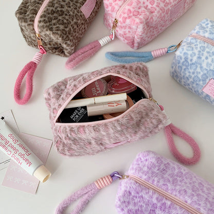Cute Fuzzy Leopard Print Portable Makeup Bag
