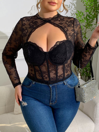 Sexy Lace Mesh Bodysuit With Boning For Curvy Women