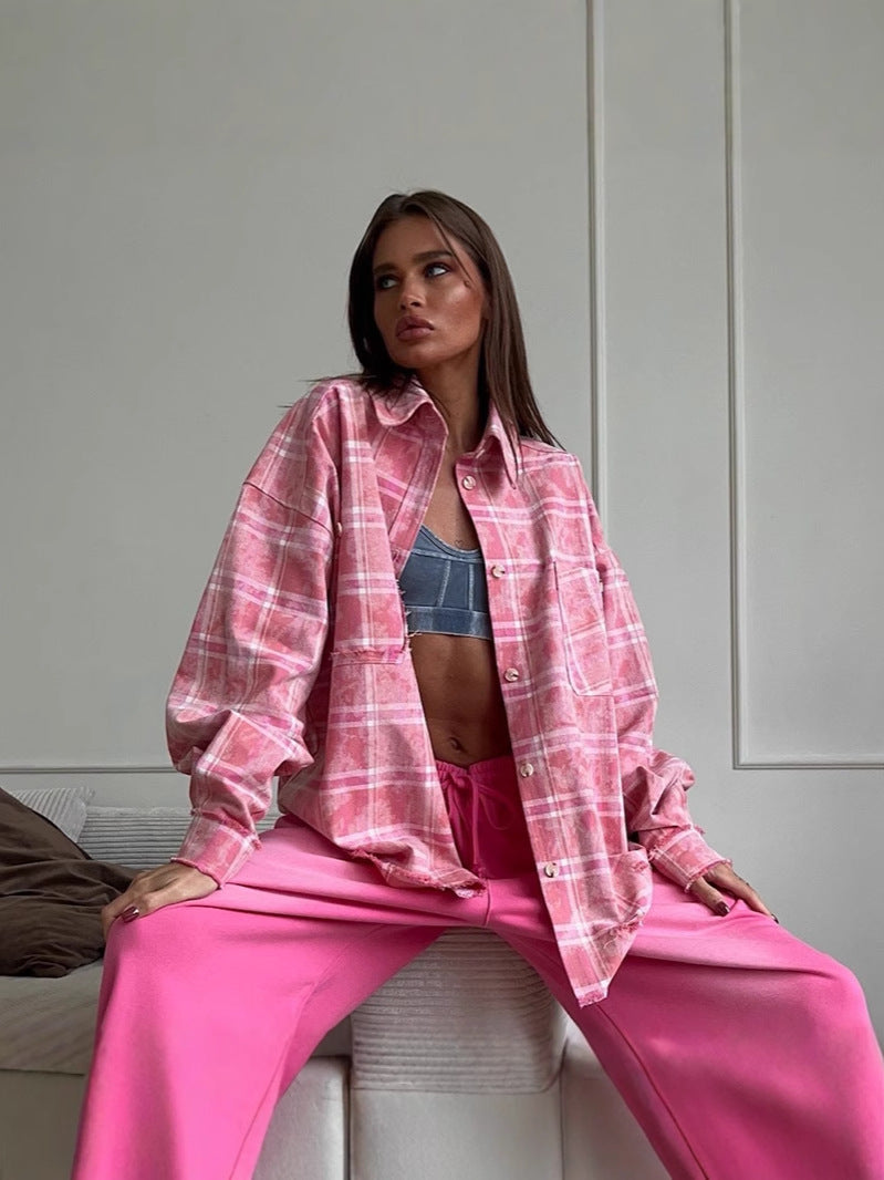 Retro Checkered Pink Shirt Loose-Fit Casual Top