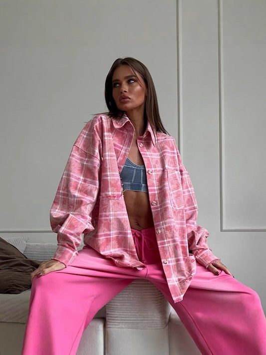 Retro Checkered Pink Shirt Loose-Fit Casual Top