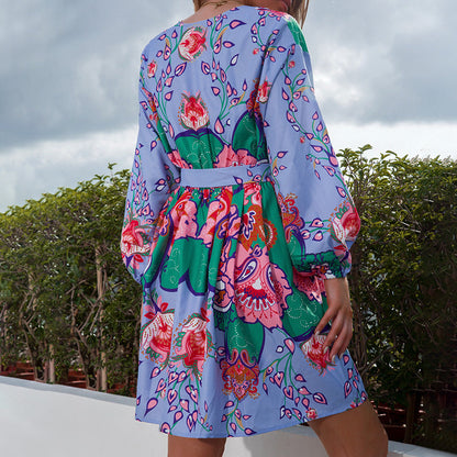 V-Neck Three-Tone Print Midi Skirt With Nipped-In Waist Swing Dress