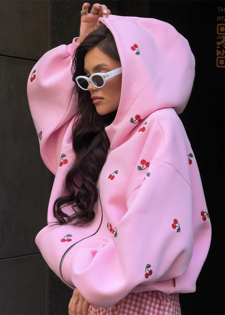 Oversized Zip Up Hoodie With Puff Sleeves