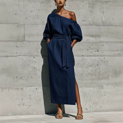 Linen One Shoulder Balloon Sleeve Self Tie Waist Side Slit Midi Dress