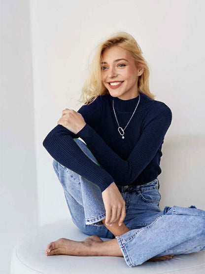 Solid Color High Neck Sweater Slim Fit Knitted Top