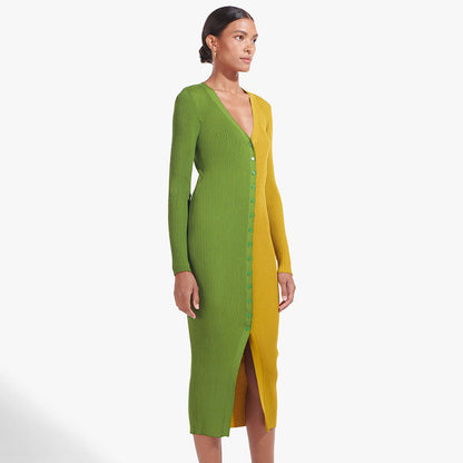 Women'S Autumn New Temperament Commuter Color Matching Button High Waist Long Dress