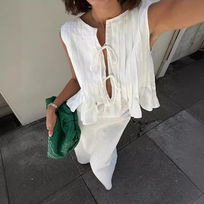 6 Colors Breathable Cotton And Linen Pleated Sleeveless Straps, Women'S Shirts, High Street Long Skirts.