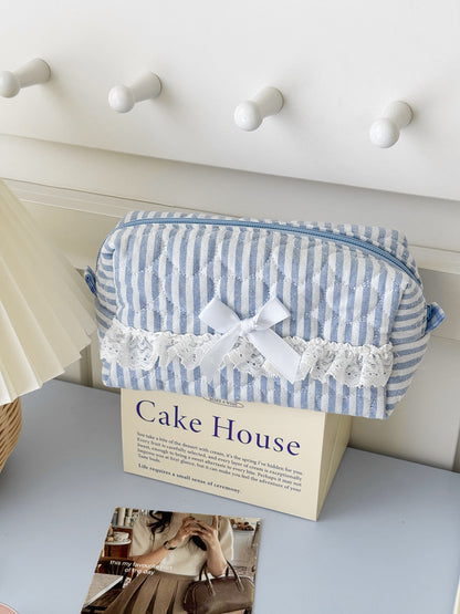 Pastel Striped Lace Storage Pouch Cute Fresh Style