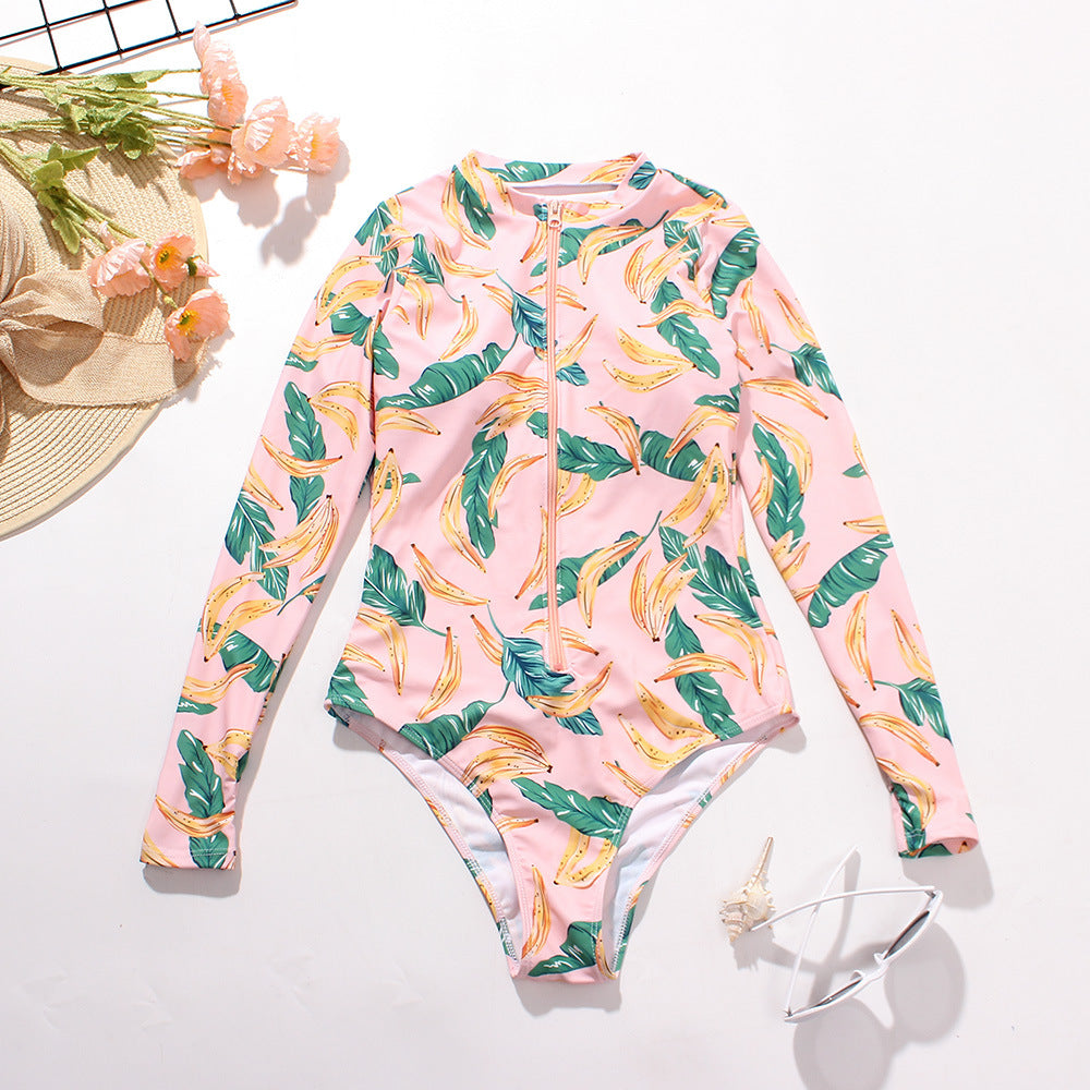 Triangle One Piece Print Zip Long Sleeve Swimsuit