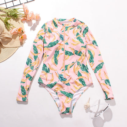 Triangle One Piece Print Zip Long Sleeve Swimsuit