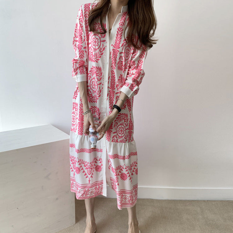 Bohemian Blue And White Porcelain Printed Women'S Shirt Long National Style Dress