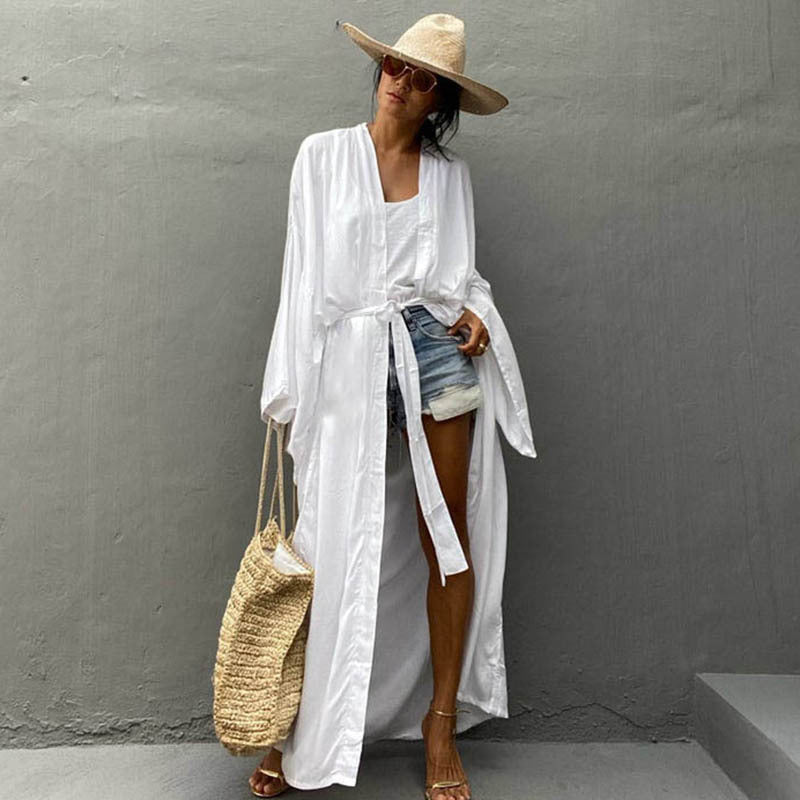 New Cotton Loose Long Cardigan Beach Sun Protection Jacket Beach Vacation Bikini Cover Up Swimsuit For Women'S Outerwear