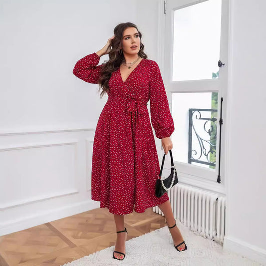Red Polka Dot Maxi Dress Elegant Plus Size Long Sleeve
