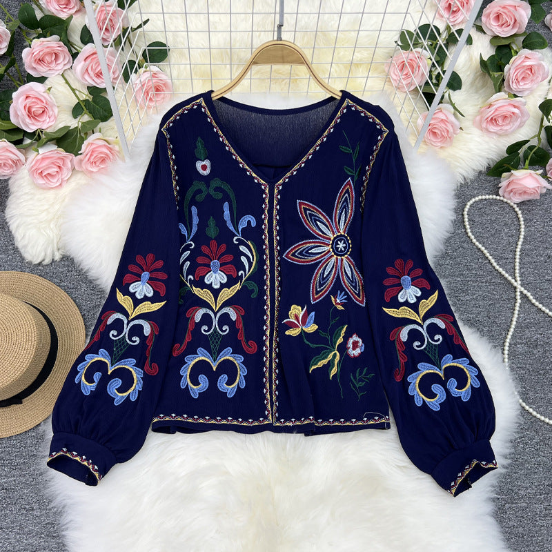 Vintage Embroidery Ethnic Style New Women'S Clothing French Style Minimalist Style V-Neck Bubble Sleeve Embroidered Shirt