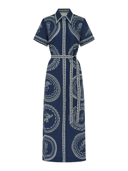 Elegant Blue Linen A-Line Dress with Animal Print
