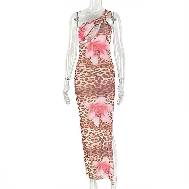 Asymmetrical Leopard Print Midi Dress With Slant Neckline