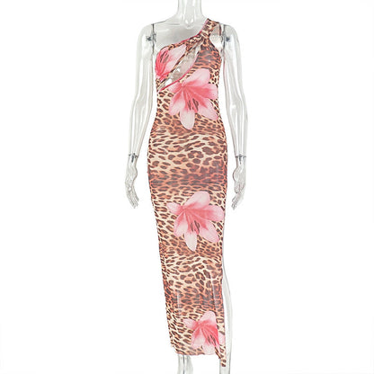 Asymmetrical Leopard Print Midi Dress With Slant Neckline