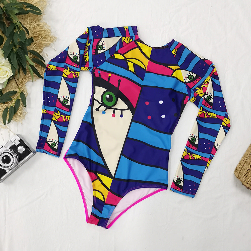 Long Sleeve Abstract Printed One-Piece Swimsuit Women'S Surfing Suit Swimwear Sports Sexy Surfing Wetsuit