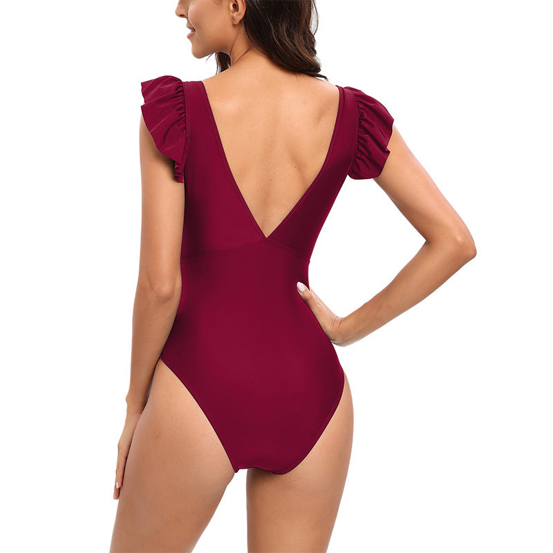 Flounce V-Neck Backless One Piece Swimwear