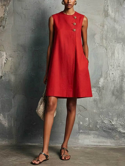 The Sculptural Button Shift Mini Dress