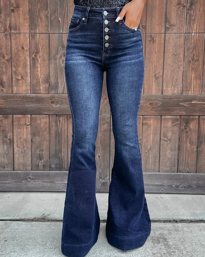 High-Waisted Flared Jeans Trendy Casual Denim Pants