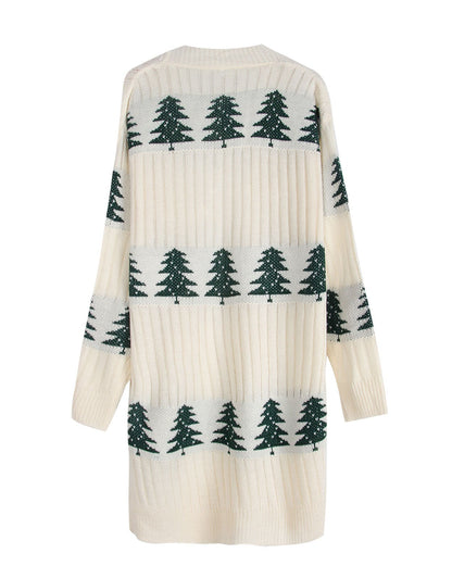 Trendy Embroidery Christmas Tree Knit Long Cardigan