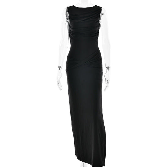 Fashion Round Neck Pleated Sleeveless Maxi Dress