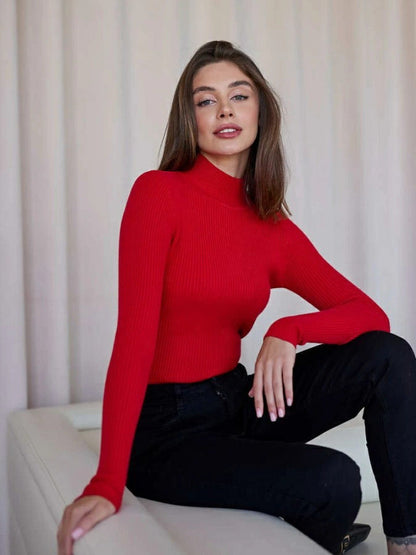 Solid Color High Neck Sweater Slim Fit Knitted Top