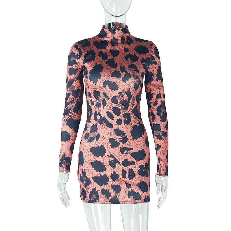 Elegant Leopard Print Bodycon Dress With Long Sleeves