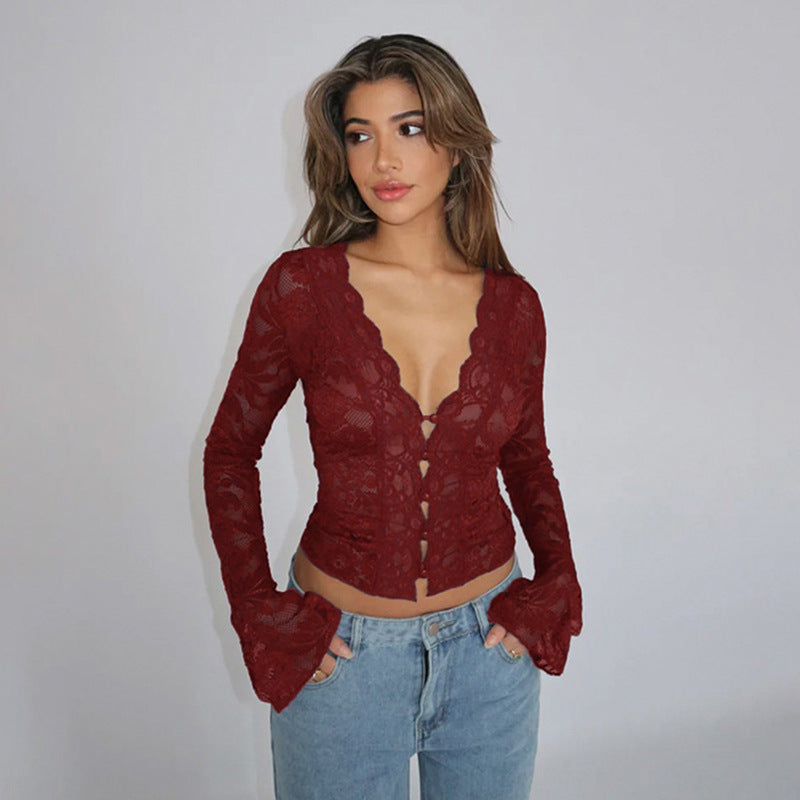 V-Neck Lace Long Sleeve Top for Women