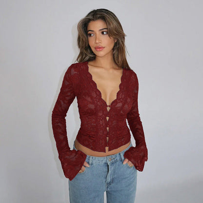 V-Neck Lace Long Sleeve Top for Women