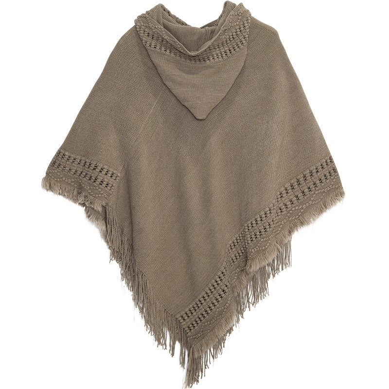 Summer Solid Color Hooded Shawl Women'S Knitting Outside With Spring And Autumn Travel Tassel Pullover Hooded Cape Shawl