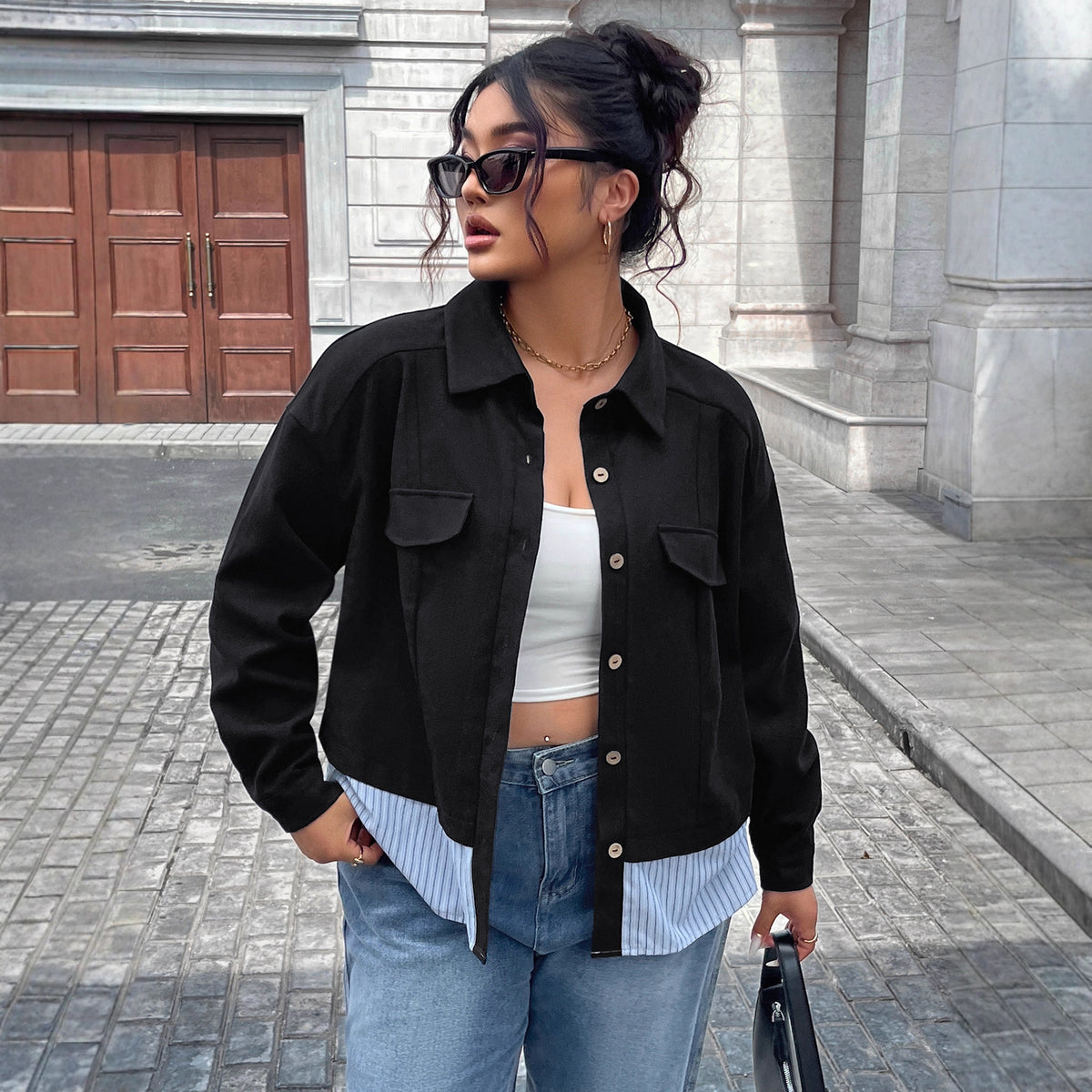 Plus Size Striped Patchwork Short Coat for Women