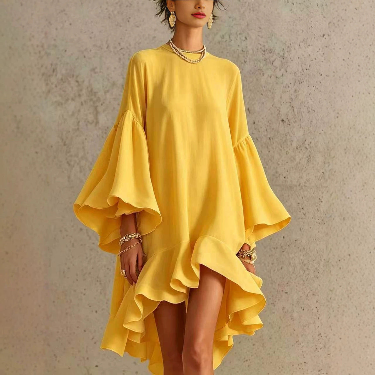 Satin Round Neck Oversized Bell Sleeve High Low Ruffle Mini Tunic Dress