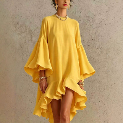 Satin Round Neck Oversized Bell Sleeve High Low Ruffle Mini Tunic Dress