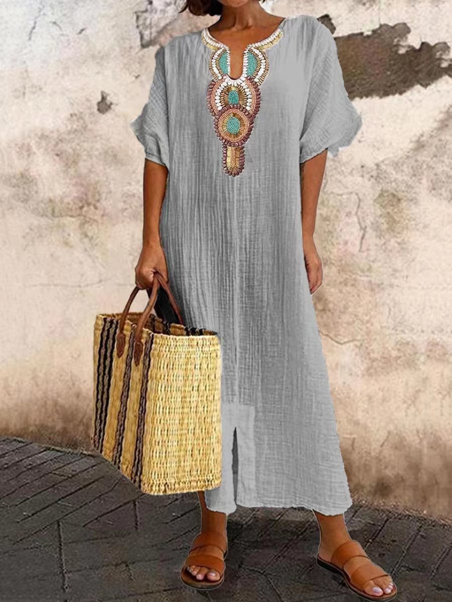 New Cotton And Hemp Embroidered Split Dress