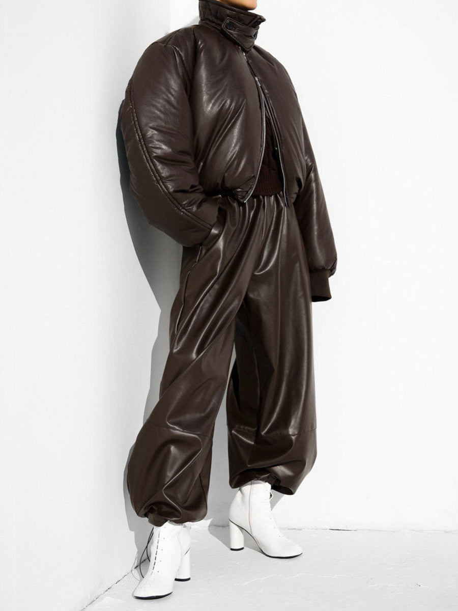 Wide Leg PU Leather Pants with Drawstring for Women