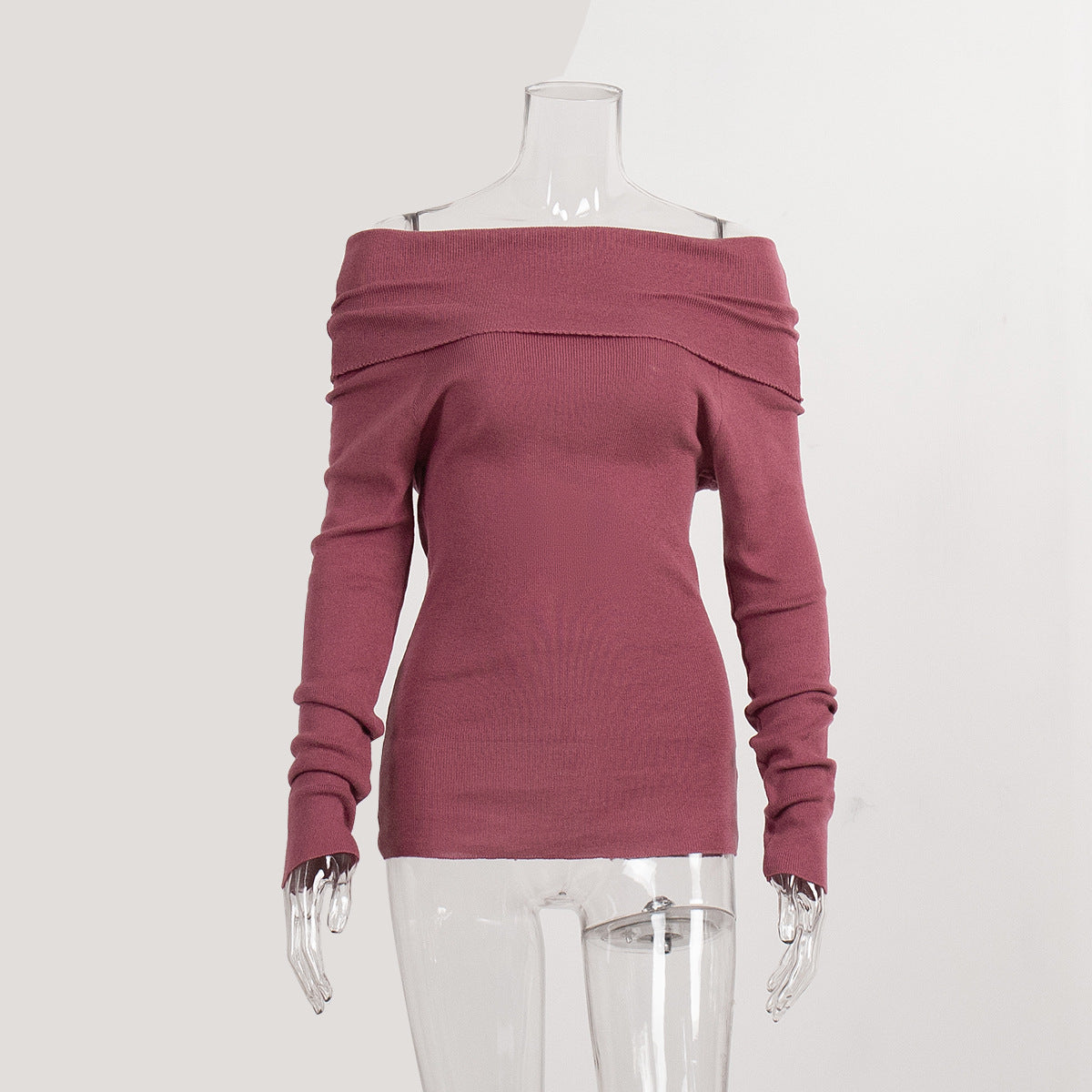 Off-Shoulder Knitted Top Slim Fit Solid Color Long Sleeve Pullover