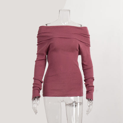 Off-Shoulder Knitted Top Slim Fit Solid Color Long Sleeve Pullover