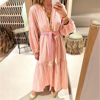 Spring New Cross Border Women'S Fashion V-Neck Bubble Sleeve Bohemian Cotton Hemp Dress
