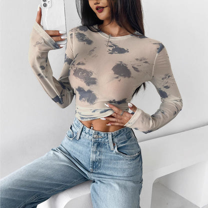 Flower Print Mesh Pleated Slim Short Top