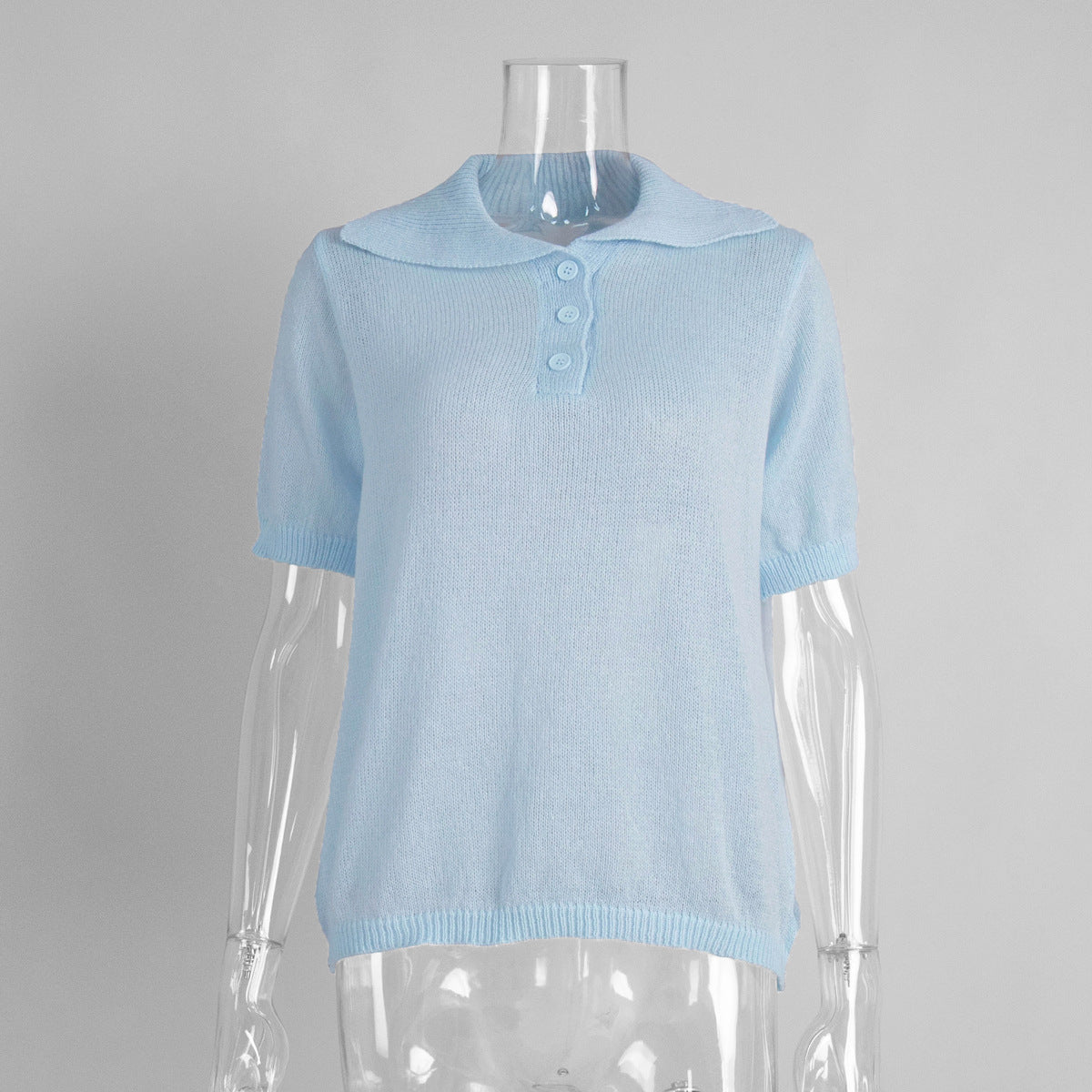 Casual Polo Knitted Short Sleeve Sweater With Puff Sleeves
