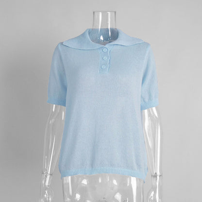 Casual Polo Knitted Short Sleeve Sweater With Puff Sleeves